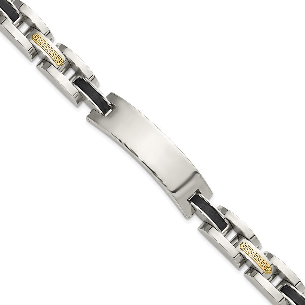 Chisel Stainless Steel Polished with 14K Gold Accent and Onyx 8.75 inch ID Link Bracelet SRB3203-8.75