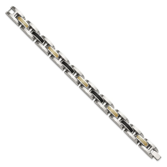 Chisel Stainless Steel Polished with 14K Gold Accent and Onyx 8.25 inch Link Bracelet SRB3204-8.25