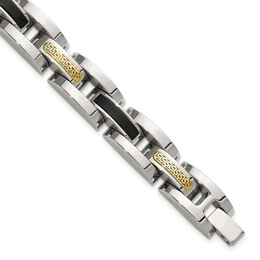 Chisel Stainless Steel Polished with 14K Gold Accent and Onyx 8.25 inch Link Bracelet SRB3204-8.25