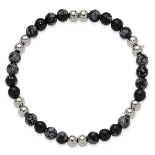 Chisel Stainless Steel Polished 6.5mm Black and Grey Synthetic Agate 7.75 inch Stretch Bracelet SRB3213