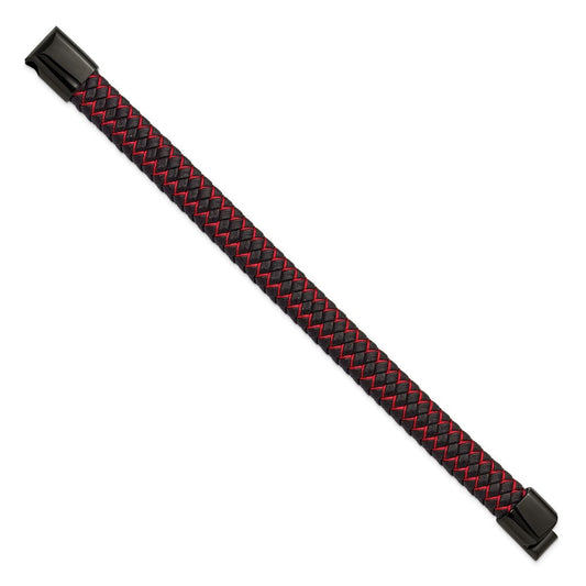 Chisel Stainless Steel Polished Black IP-plated Black Leather and Red Fabric 8.25 inch Bracelet SRB3215-8.25