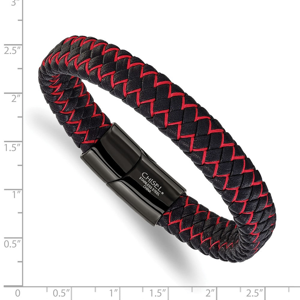 Chisel Stainless Steel Polished Black IP-plated Black Leather and Red Fabric 8.25 inch Bracelet SRB3215-8.25