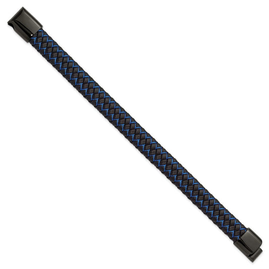 Chisel Stainless Steel Polished Black IP-plated Black Leather and Blue Fabric 8.25 inch Bracelet SRB3216-8.25