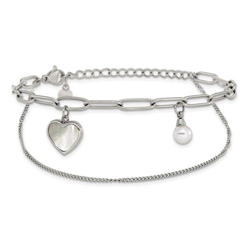 Chisel Stainless Steel Polished Mother of Pearl Heart and Simulated Pearl 6.5 inch Plus a 2 inch Extension Bracelet SRB3221-6.5