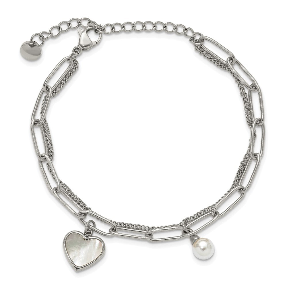 Chisel Stainless Steel Polished Mother of Pearl Heart and Simulated Pearl 6.5 inch Plus a 2 inch Extension Bracelet SRB3221-6.5