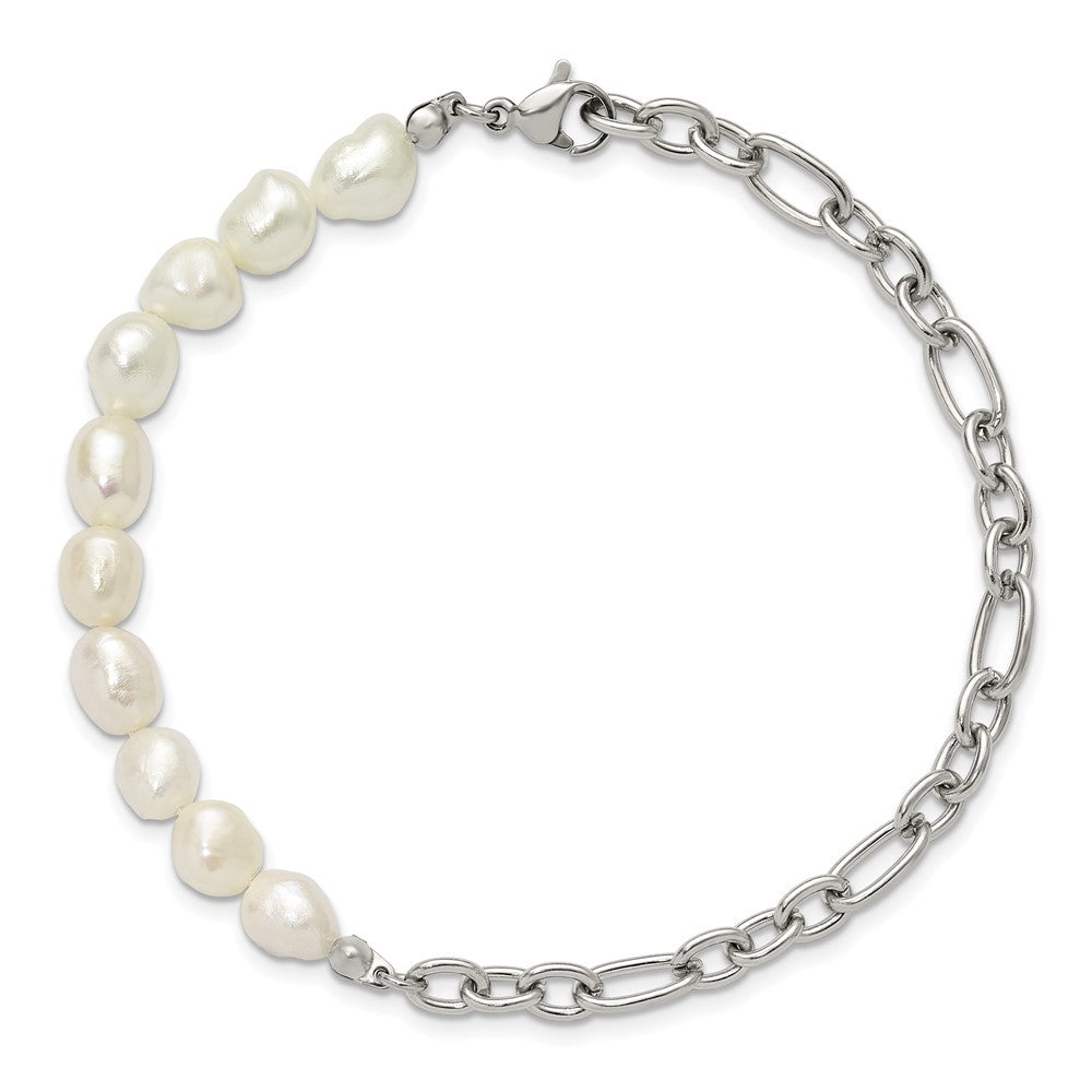 Chisel Stainless Steel Polished with Half White Freshwater Cultured Pearl 8.25 inch Bracelet SRB3223-8.25