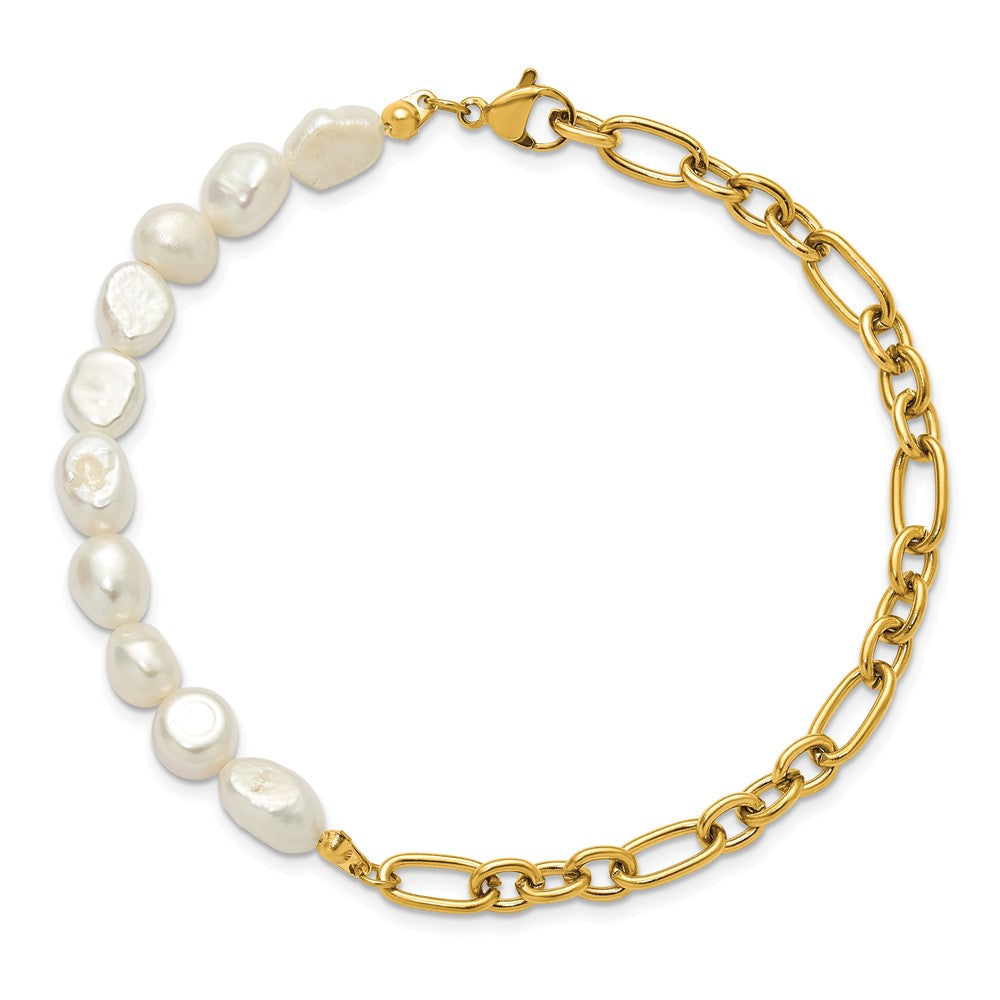 Chisel Stainless Steel Polished Yellow IP-plated with Half White Freshwater Cultured Pearl 8.25 inch Bracelet SRB3224-8.25
