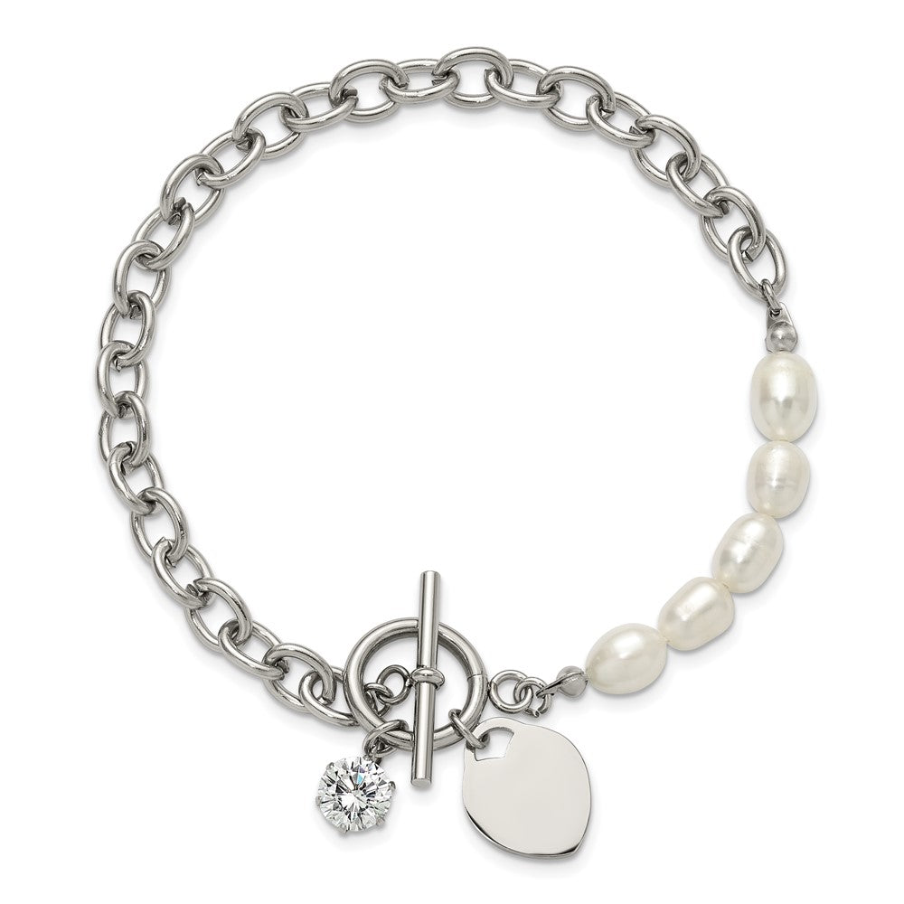 Chisel Stainless Steel Polished with Half White Freshwater Cultured Pearl and CZ Heart Dangle 8.25 inch Bracelet SRB3225-8.25