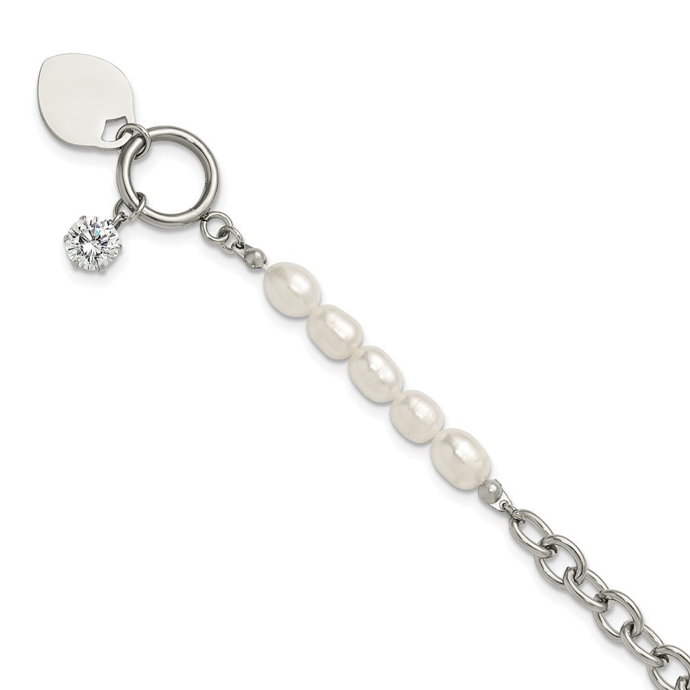 Chisel Stainless Steel Polished with Half White Freshwater Cultured Pearl and CZ Heart Dangle 8.25 inch Bracelet SRB3225-8.25