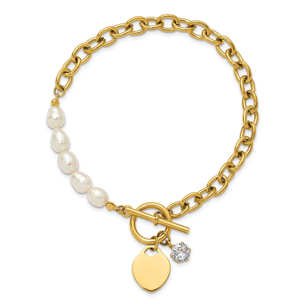 Chisel Stainless Steel Polished Yellow IP-plated with Half White Freshwater Cultured Pearl and CZ Heart Dangle 8.25 inch Bracelet SRB3226-8.25