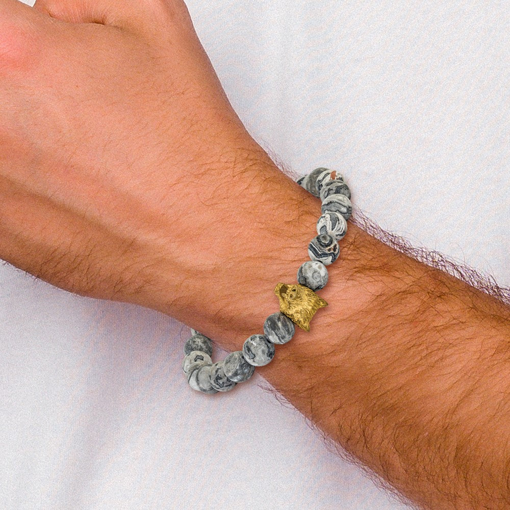 Chisel Stainless Steel Antiqued and Polished Yellow IP-plated Wolf Head Matte 8.5mm Jasper 6.75 inch Stretch Bracelet SRB3231