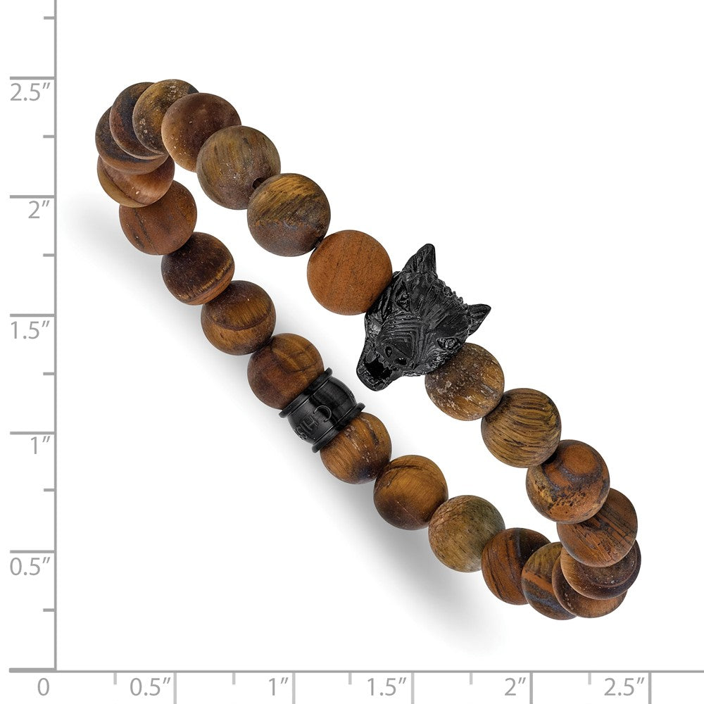 Chisel Stainless Steel Polished Black IP-plated Wolf Head 8.5mm Matte Yellow Tiger's Eye Beaded 7 inch Stretch Bracelet SRB3233