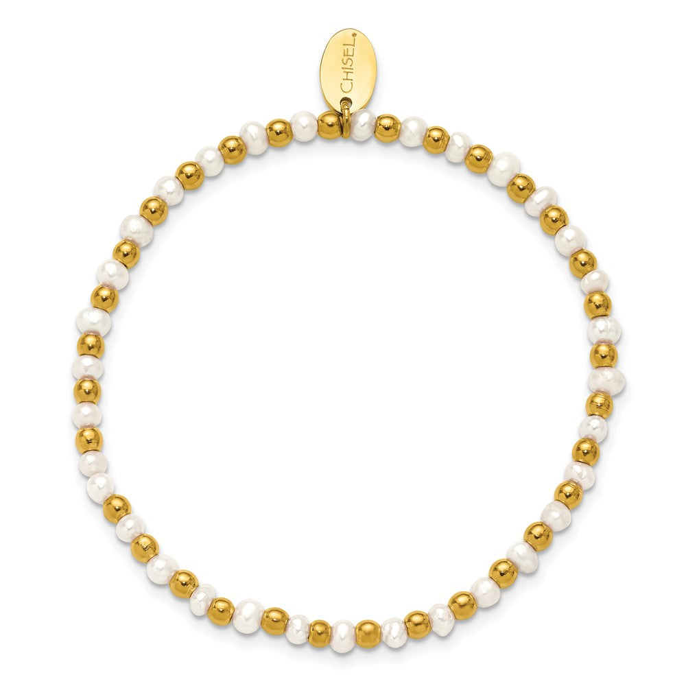 Chisel Stainless Steel Polished Yellow IP-plated 3mm White Freshwater Cultured Pearl Beaded 6.5 inch Stretch Bracelet SRB3249