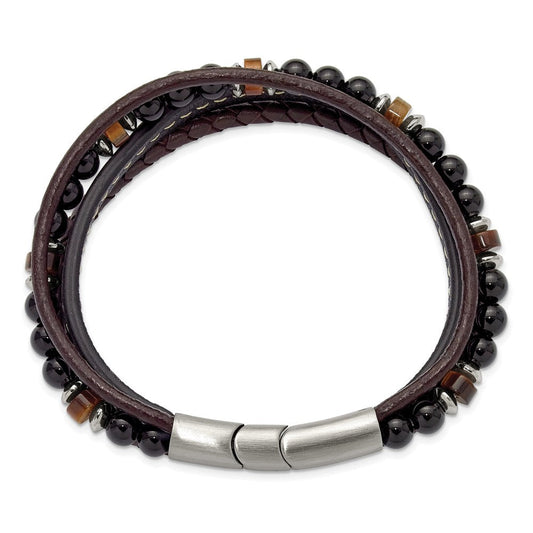 Chisel Stainless Steel Polished Onyx and Tiger Eye Beaded Black and Brown Leather Multi Strand 8 inch Plus .5 inch Extension Bracelet SRB3255-8