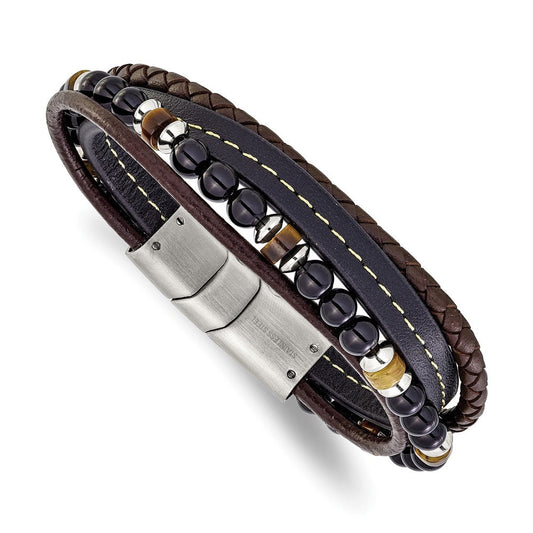 Chisel Stainless Steel Polished Onyx and Tiger Eye Beaded Black and Brown Leather Multi Strand 8 inch Plus .5 inch Extension Bracelet SRB3255-8