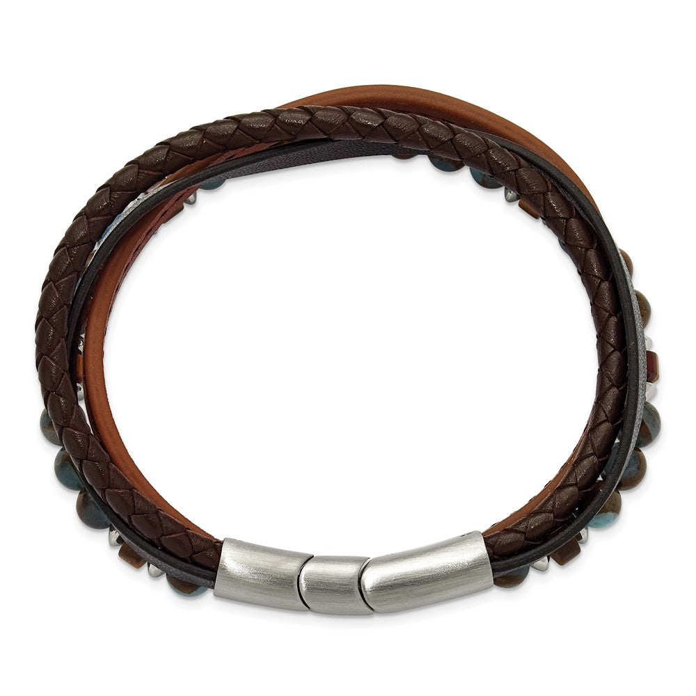 Chisel Stainless Steel Polished Blue Golden and Tiger's Eye Beaded Black and Brown Leather Multi Strand 8 inch Plus .5 inch Extension Bracelet SRB3256-8