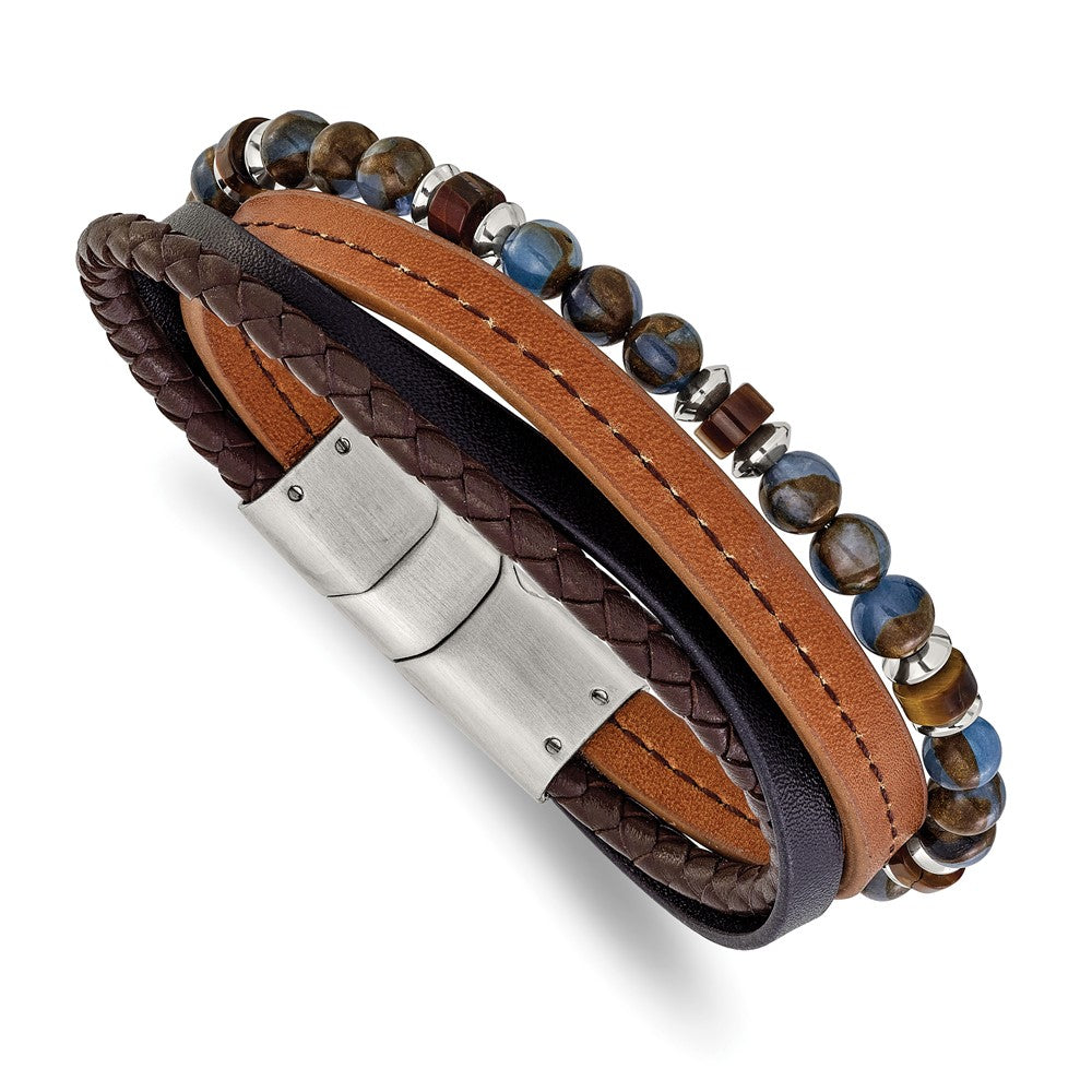 Chisel Stainless Steel Polished Blue Golden and Tiger's Eye Beaded Black and Brown Leather Multi Strand 8 inch Plus .5 inch Extension Bracelet SRB3256-8