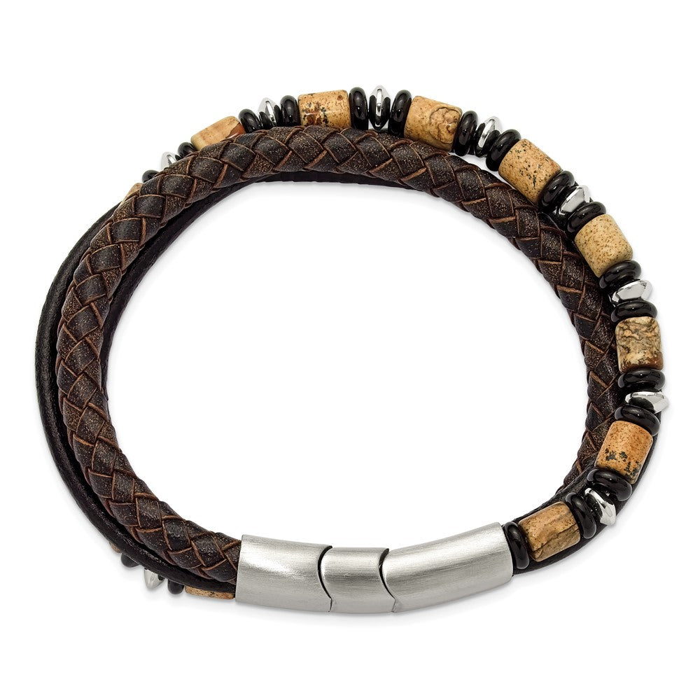 Chisel Stainless Steel Polished Onyx and Picture Jasper Beaded Black and Brown Leather Multi Strand 8 inch Plus .5 inch Extension Bracelet SRB3257-8