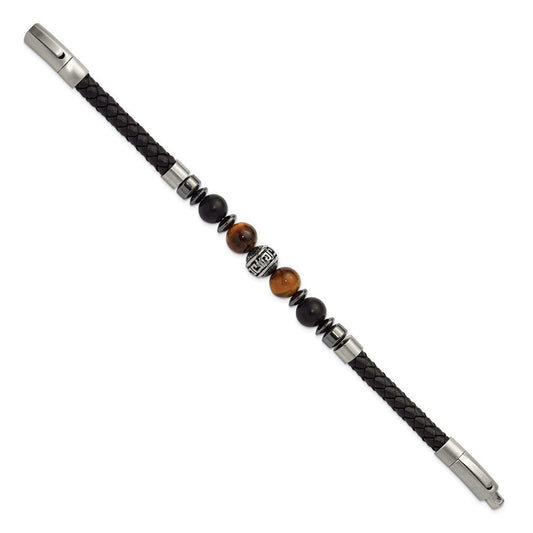 Chisel Stainless Steel Brushed and Polished Onyx and Tiger's Eye Black Leather 8 inch Plus .5 inch Extension Bracelet SRB3260-8
