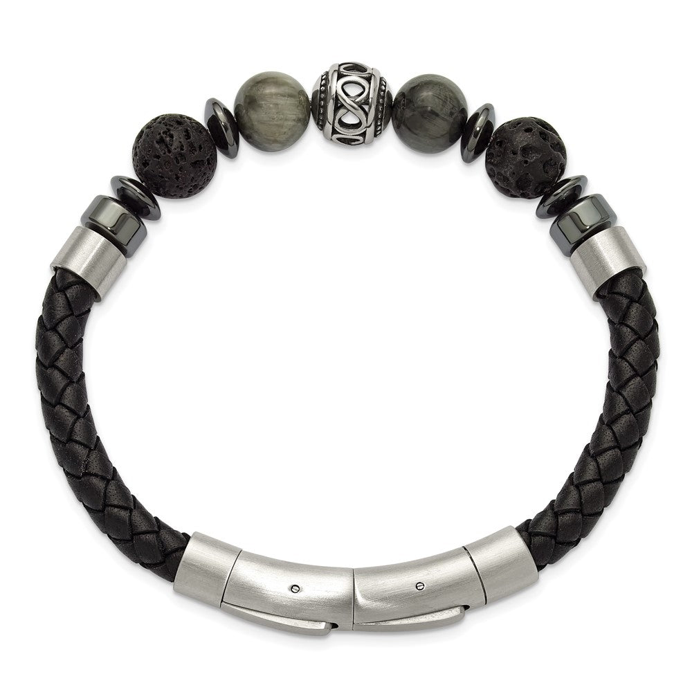 Chisel Stainless Steel Brushed Lava and Tiger's Eye and Hematite Black Leather 8 inch Plus .5 inch Extension Bracelet SRB3261-8