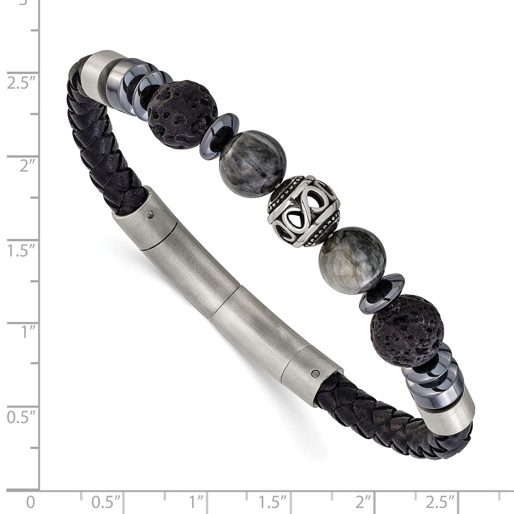 Chisel Stainless Steel Brushed Lava and Tiger's Eye and Hematite Black Leather 8 inch Plus .5 inch Extension Bracelet SRB3261-8