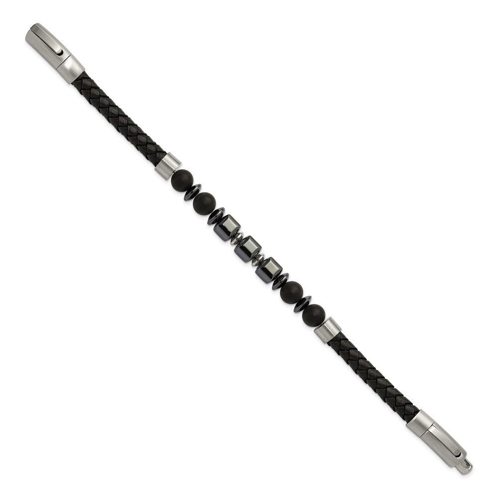 Chisel Stainless Steel Brushed Onyx and Hematite Beaded Black Leather 8 inch Plus .5 inch Extension Bracelet SRB3262-8