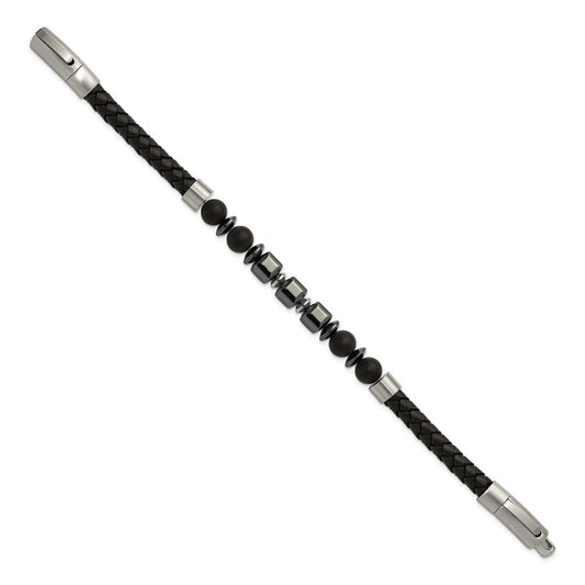 Chisel Stainless Steel Brushed Onyx and Hematite Beaded Black Leather 8 inch Plus .5 inch Extension Bracelet SRB3262-8
