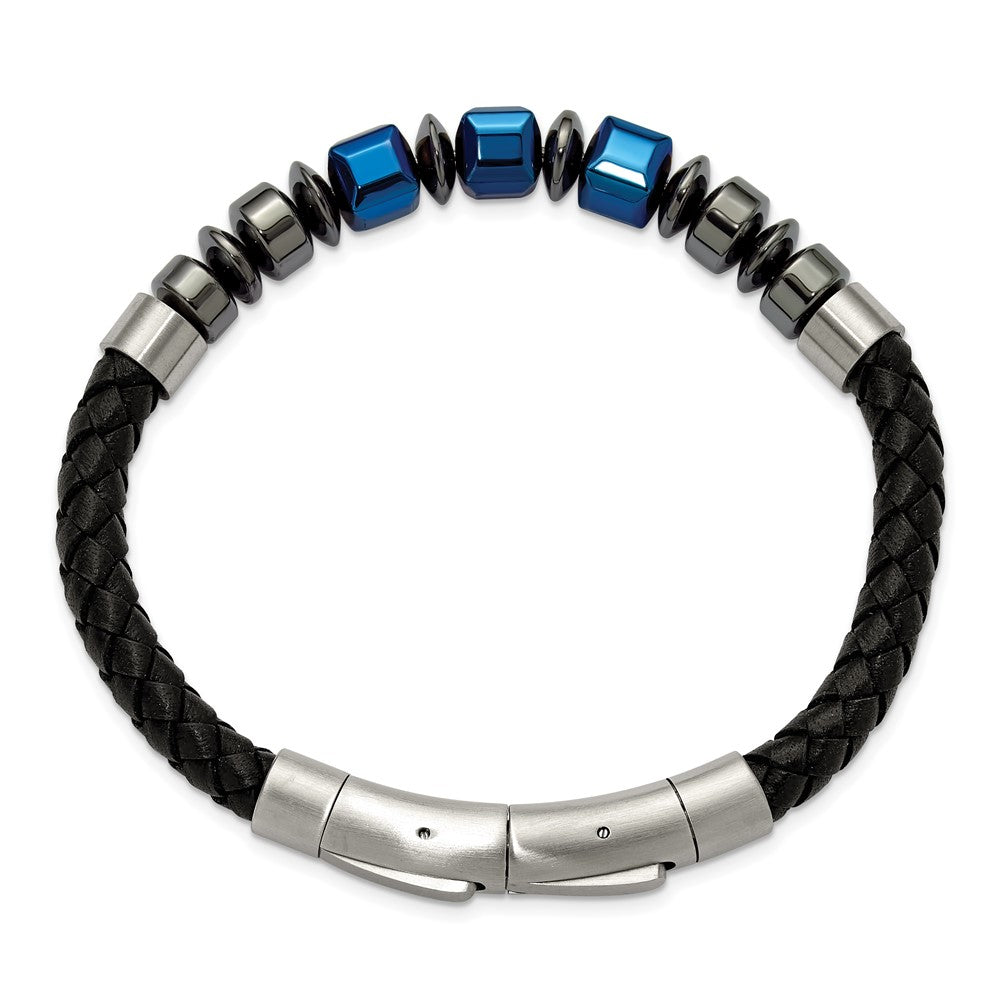 Chisel Stainless Steel Polished Blue-plated Onyx and Hematite Beaded Black Leather 8 inch Plus .5 inch Extension Bracelet SRB3263-8
