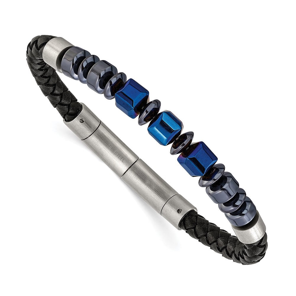 Chisel Stainless Steel Polished Blue-plated Onyx and Hematite Beaded Black Leather 8 inch Plus .5 inch Extension Bracelet SRB3263-8