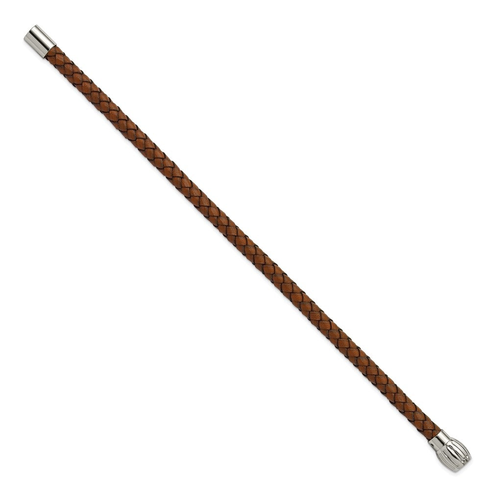 Chisel Stainless Steel Polished Brown Woven Leather 8.5 inch Bracelet SRB3266-8.5