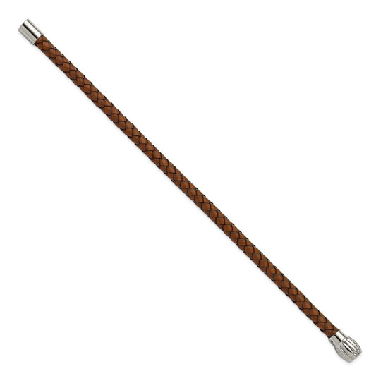 Chisel Stainless Steel Polished Brown Woven Leather 8.5 inch Bracelet SRB3266-8.5