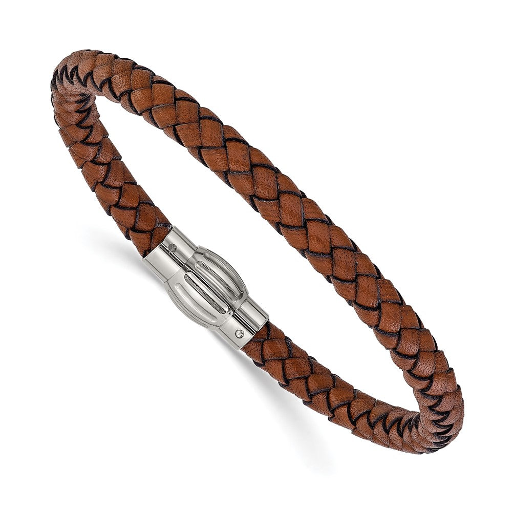 Chisel Stainless Steel Polished Brown Woven Leather 8.5 inch Bracelet SRB3266-8.5