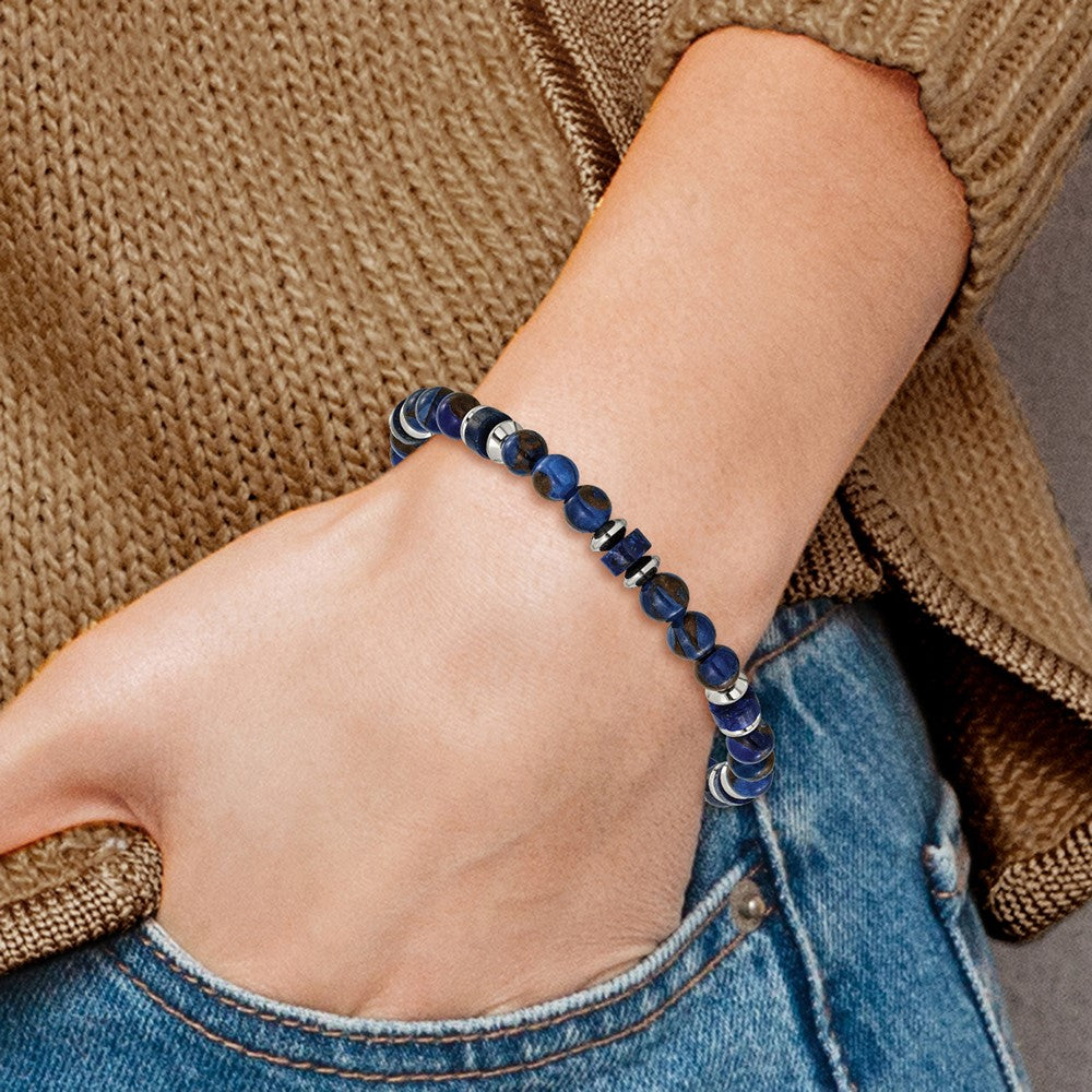 Chisel Stainless Steel Polished 6.50mm Blue Golden and Lapis Beaded 7.75 inch Stretch Bracelet SRB3274