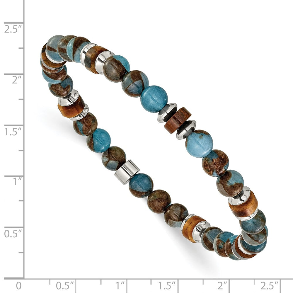 Chisel Stainless Steel Polished 6.60mm Blue Golden and Brown Tiger's Eye Beaded 7.75 inch Stretch Bracelet SRB3275