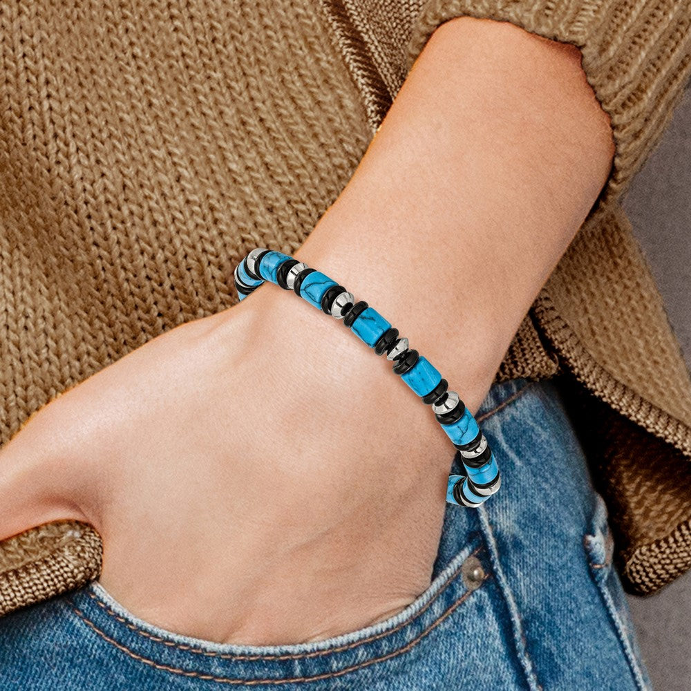 Chisel Stainless Steel Polished 6.50mm Turquoise and Black Onyx Beaded 7.5 inch Stretch Bracelet SRB3278