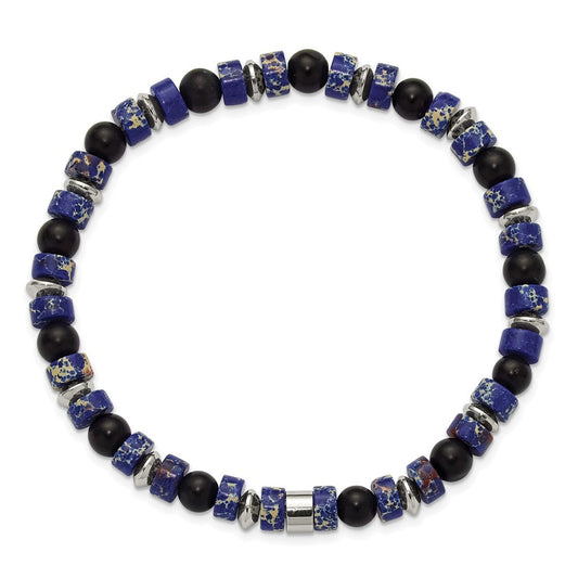 Chisel Stainless Steel Polished 6.40mm Blue Emperor and Black Onyx Beaded 7.5 inch Stretch Bracelet SRB3283