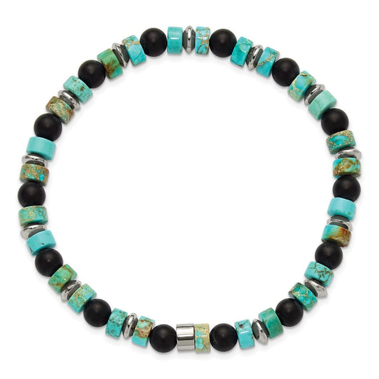 Chisel Stainless Steel Polished 6.30mm Marine-Green Emperor and Onyx Beaded 8 inch Stretch Bracelet SRB3285