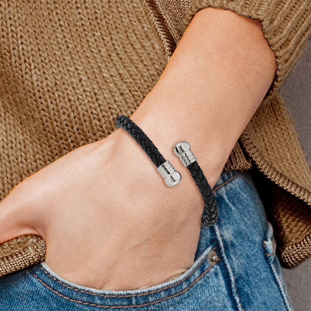 Chisel Stainless Steel Polished Black Leather Flexible Cuff Bangle SRB3297