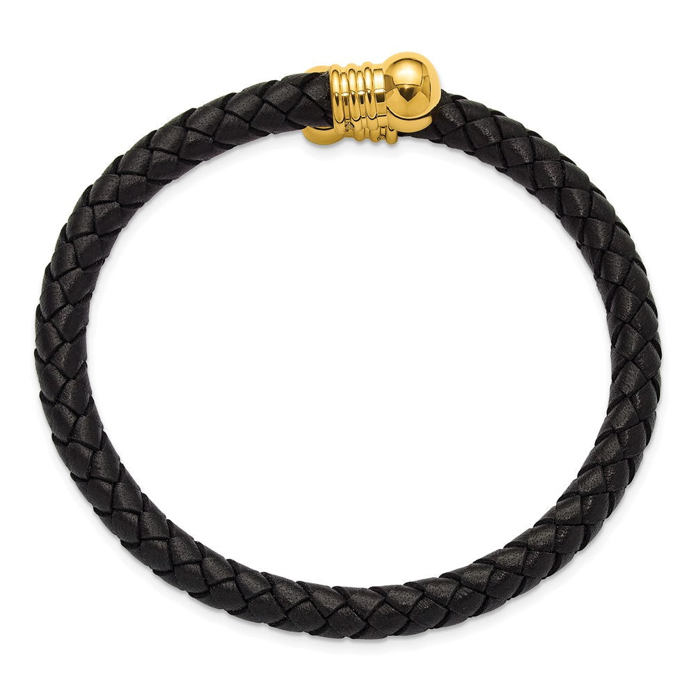 Chisel Stainless Steel Polished Yellow IP-plated  Black Leather Flexible Cuff Bangle SRB3298