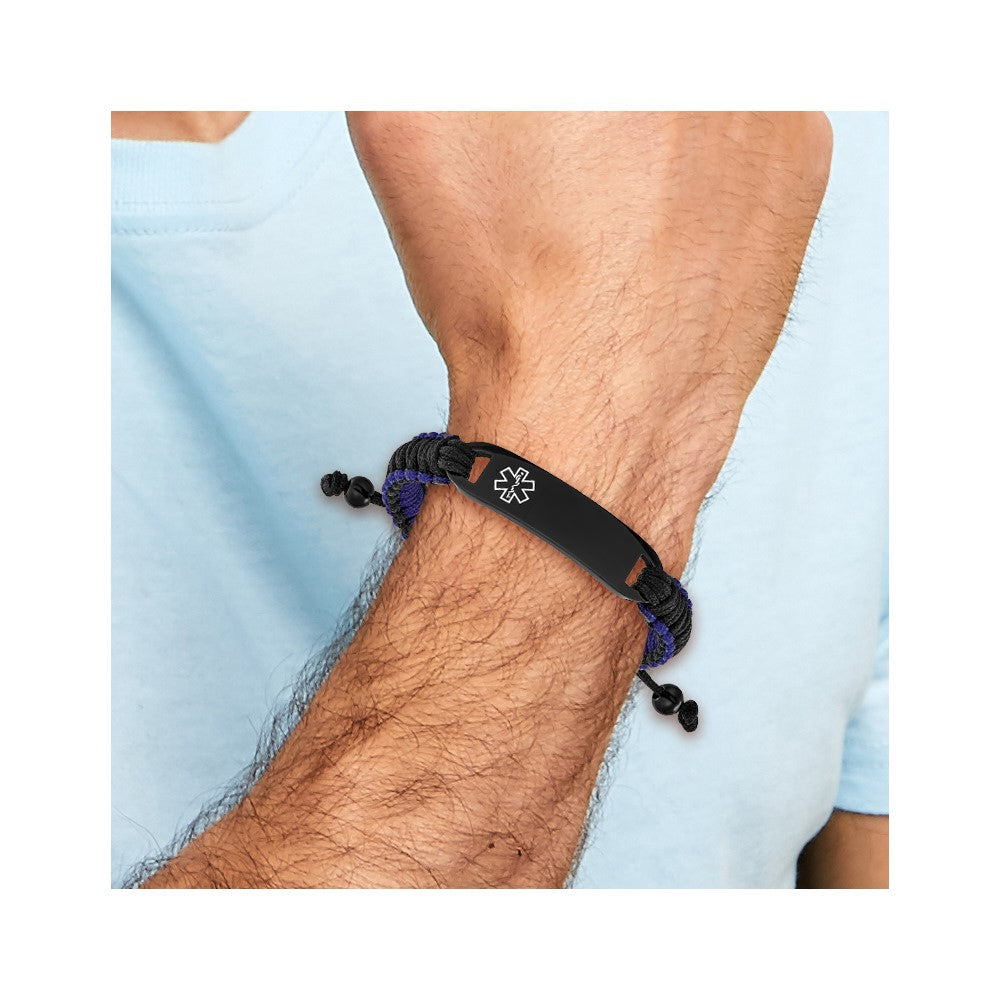 Chisel Stainless Steel Polished Black IP-plated and White Enamel Black and Blue Nylon 7.5 inch to 10.5 inch Adjustable Medical ID Bracelet SRB3314