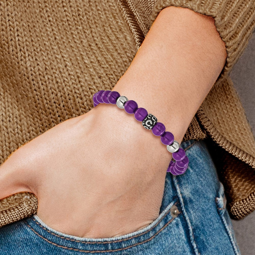 Chisel Stainless Steel Antiqued and Polished 8mm Purple Stone Beaded 7 inch Stretch Bracelet SRB3318