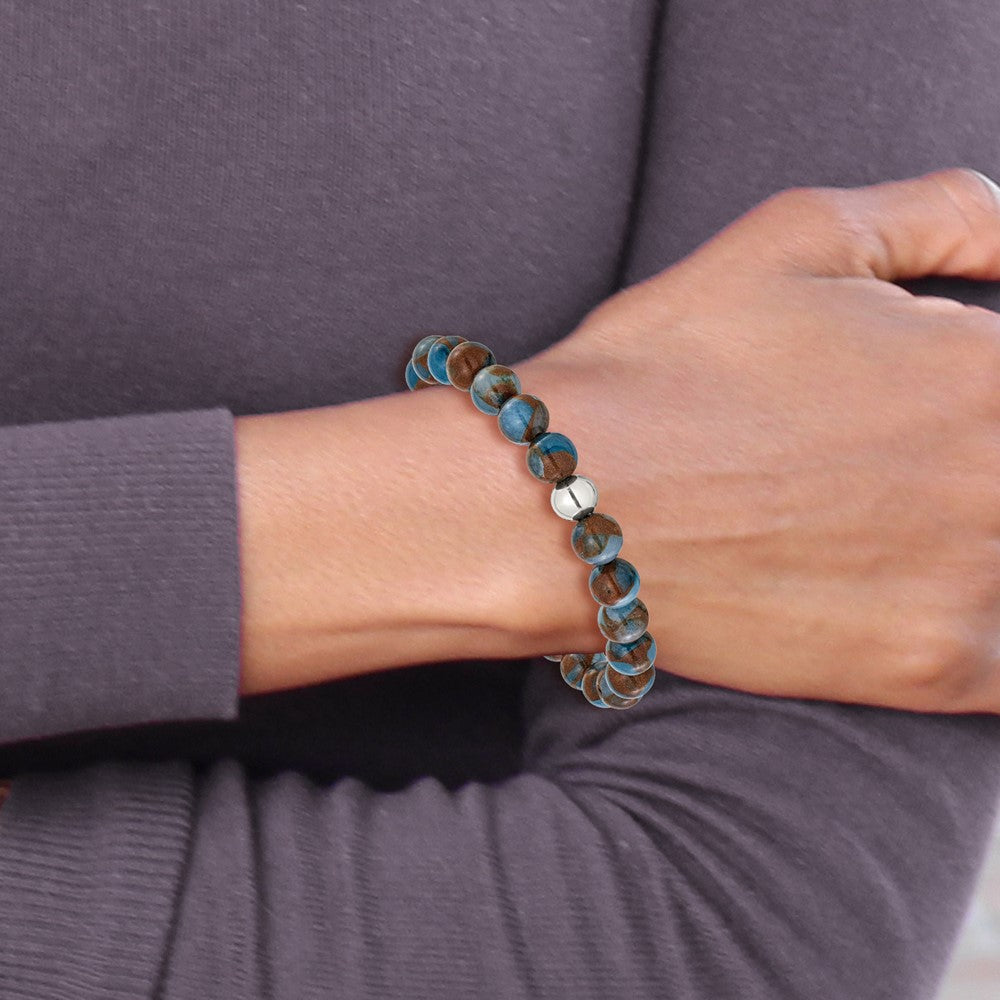Chisel Stainless Steel Polished 8.5mm Blue and Gold Stone Beaded 6.5 inch Stretch Bracelet SRB3320