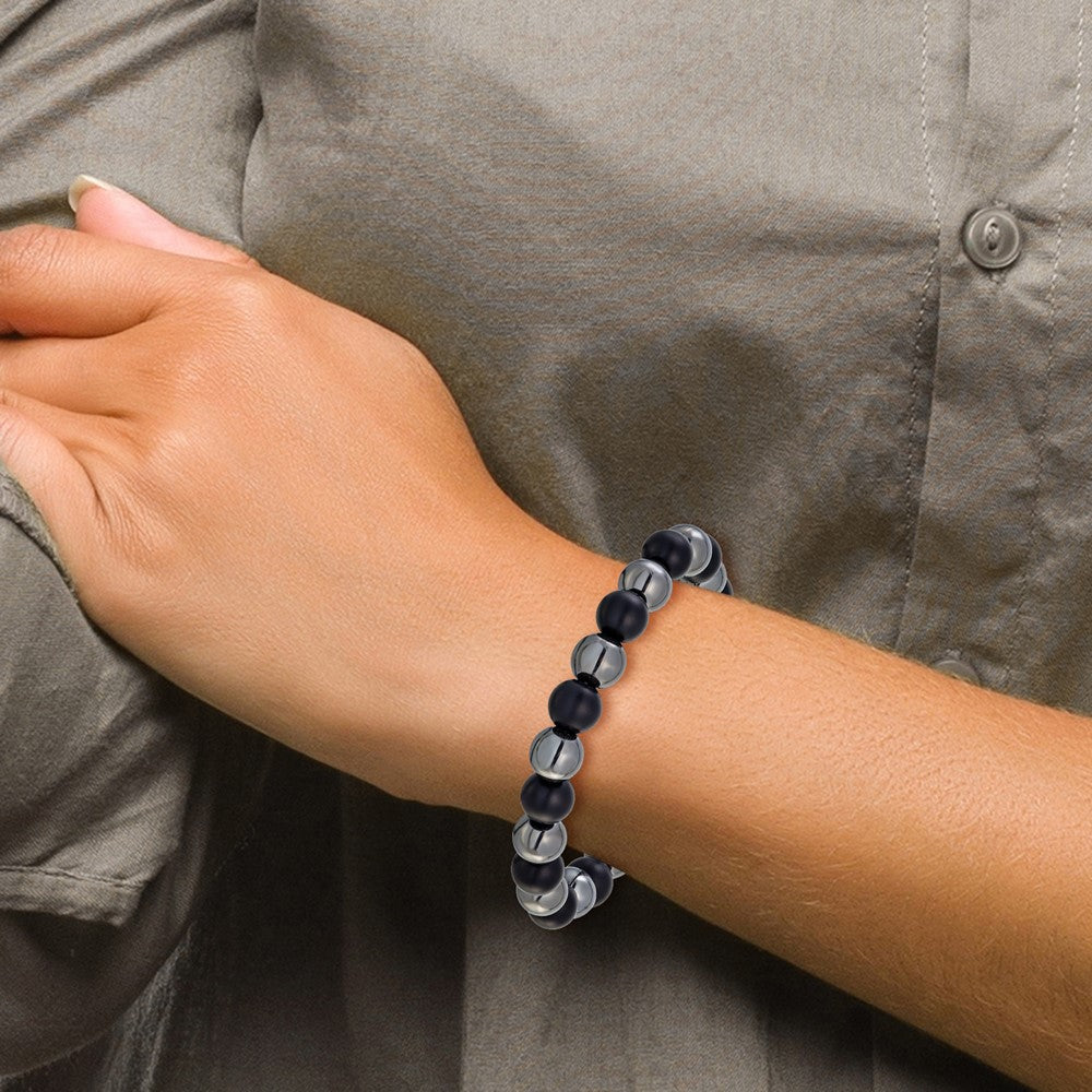 Chisel Stainless Steel Polished 8-8.25mm Agate and Hematite Beaded 6.25 inch Stretch Bracelet SRB3323