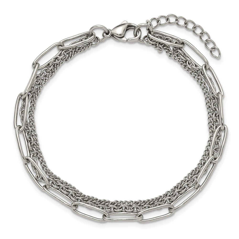 Chisel Stainless Steel Polished Multi-Strand Curb, Cable and Paperclip Link 7 inch Plus a 1.25 inch Extension Bracelet SRB3334-7