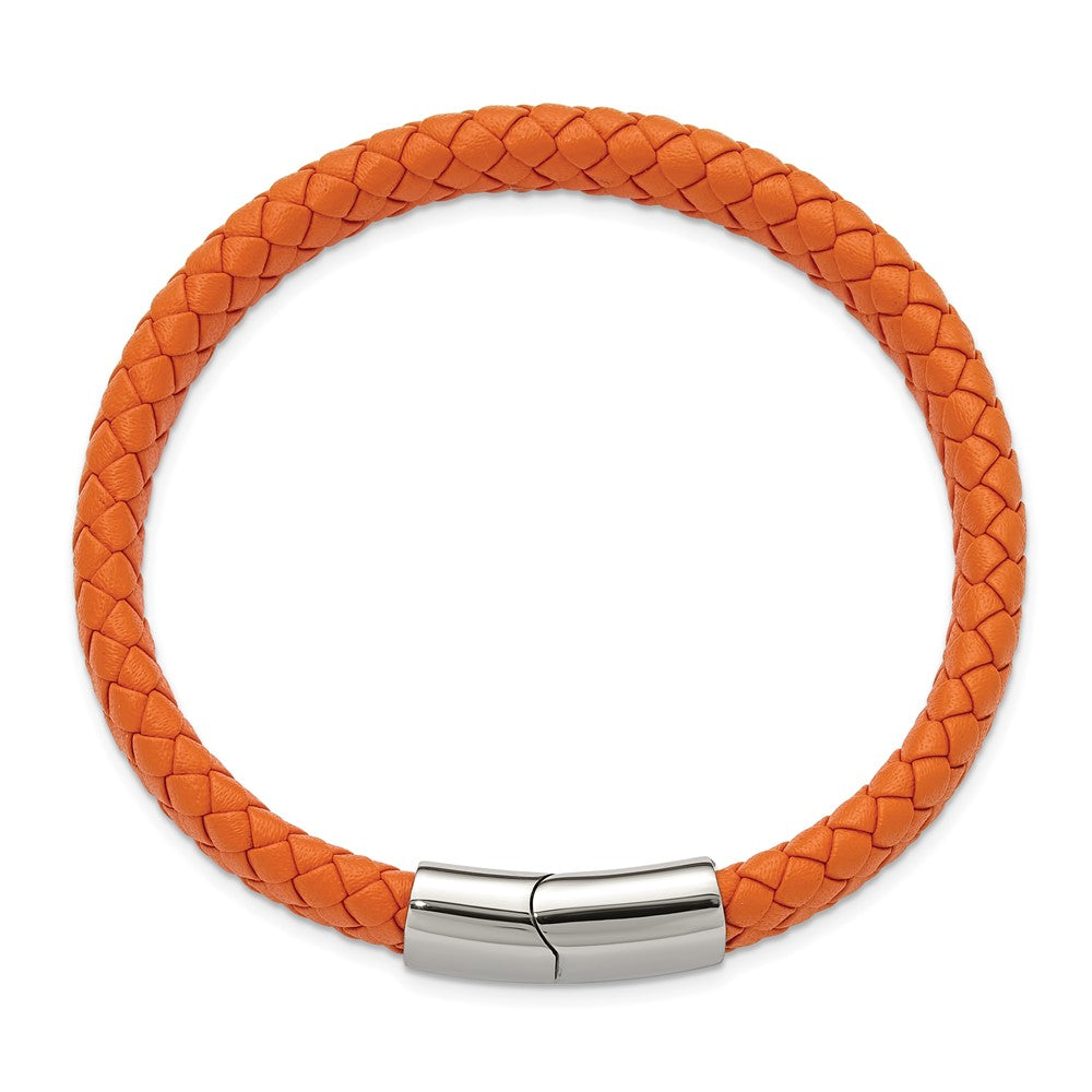 Chisel Stainless Steel Polished Braided Orange Leather 8.25 inch Bracelet SRB3367-8.25