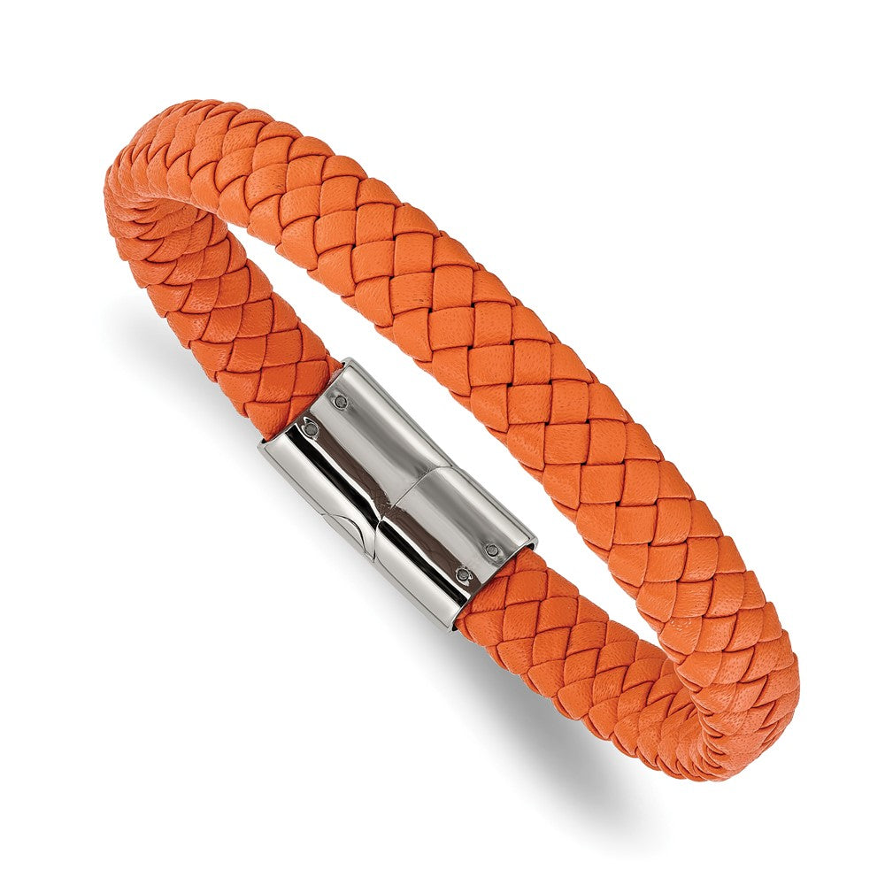Chisel Stainless Steel Polished Braided Orange Leather 8.25 inch Bracelet SRB3367-8.25