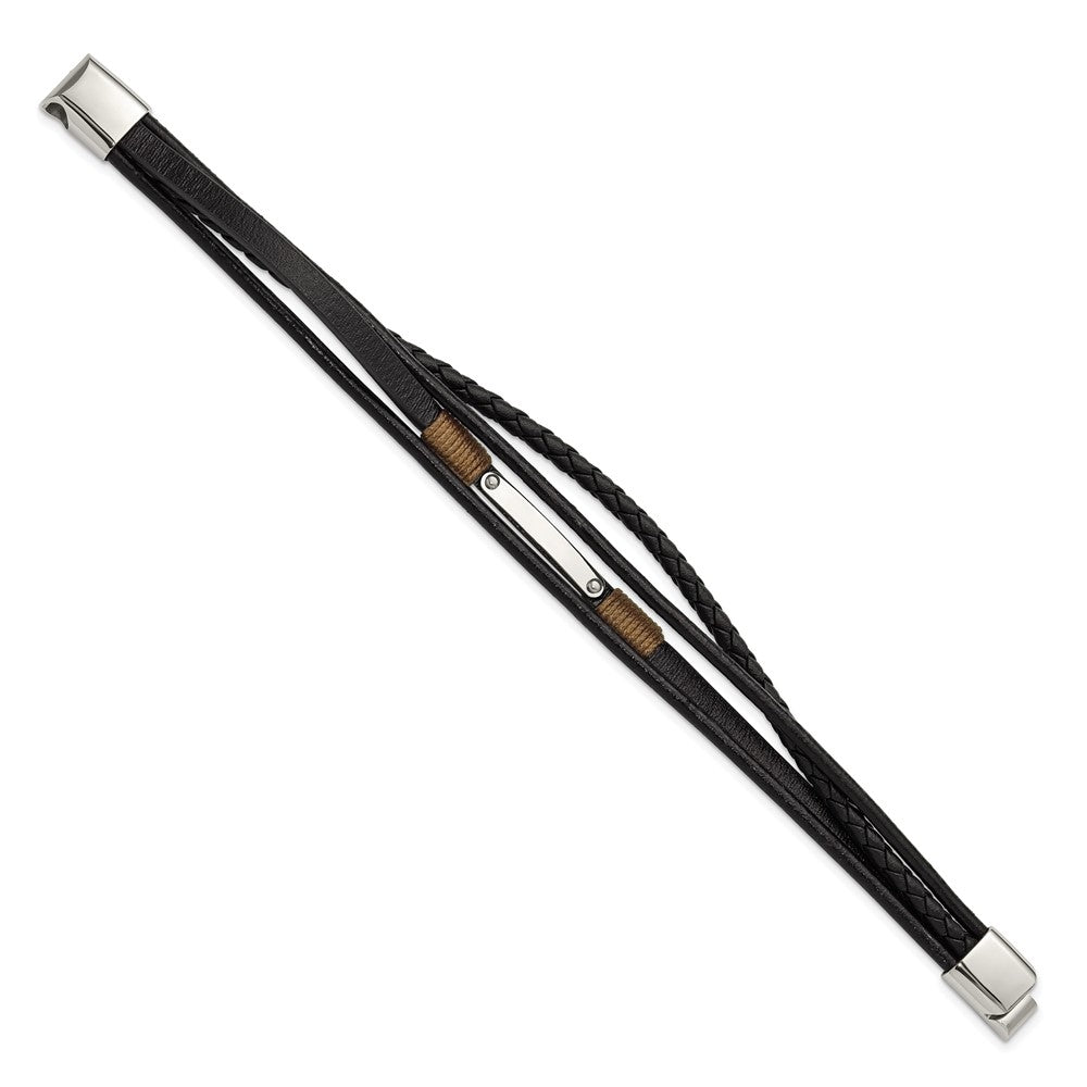 Chisel Stainless Steel Polished Multi-Strand Black Leather 8.5 inch ID Bracelet SRB3368-8.5