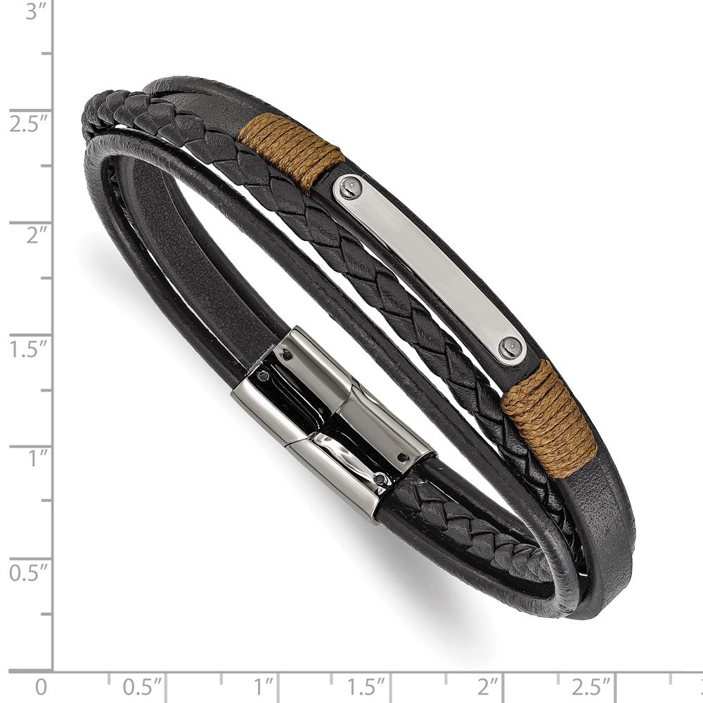 Chisel Stainless Steel Polished Multi-Strand Black Leather 8.5 inch ID Bracelet SRB3368-8.5