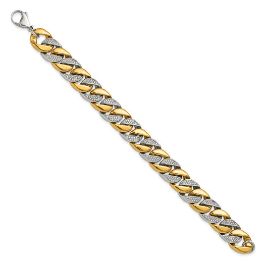 Chisel Stainless Steel Polished Yellow IP-plated with CZ 14mm 9 inch Curb Link Bracelet SRB3377-9