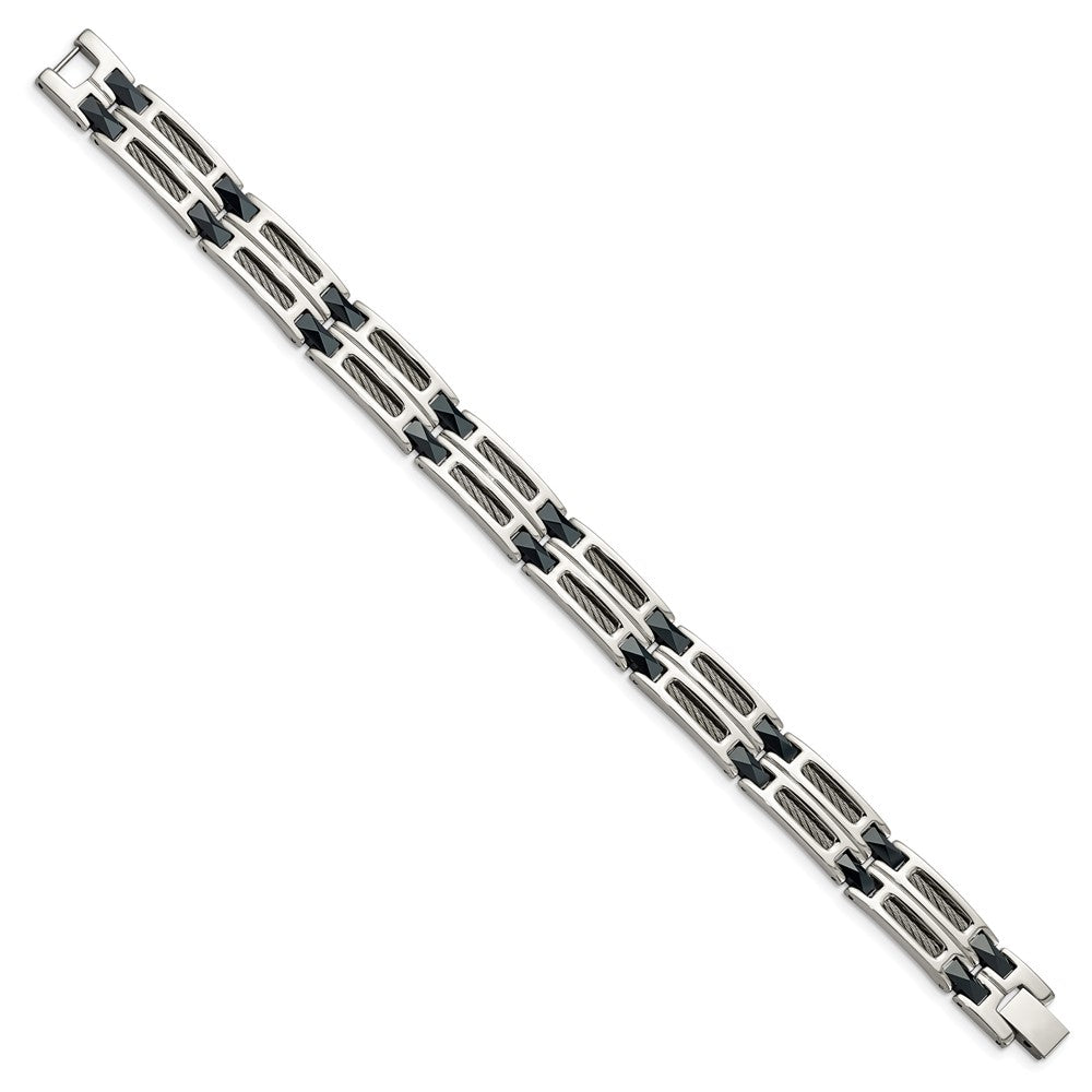 Chisel Stainless Steel Polished with Dark Blue Ceramic and Cable Inlay 8.75 inch Link Bracelet SRB338-8.75